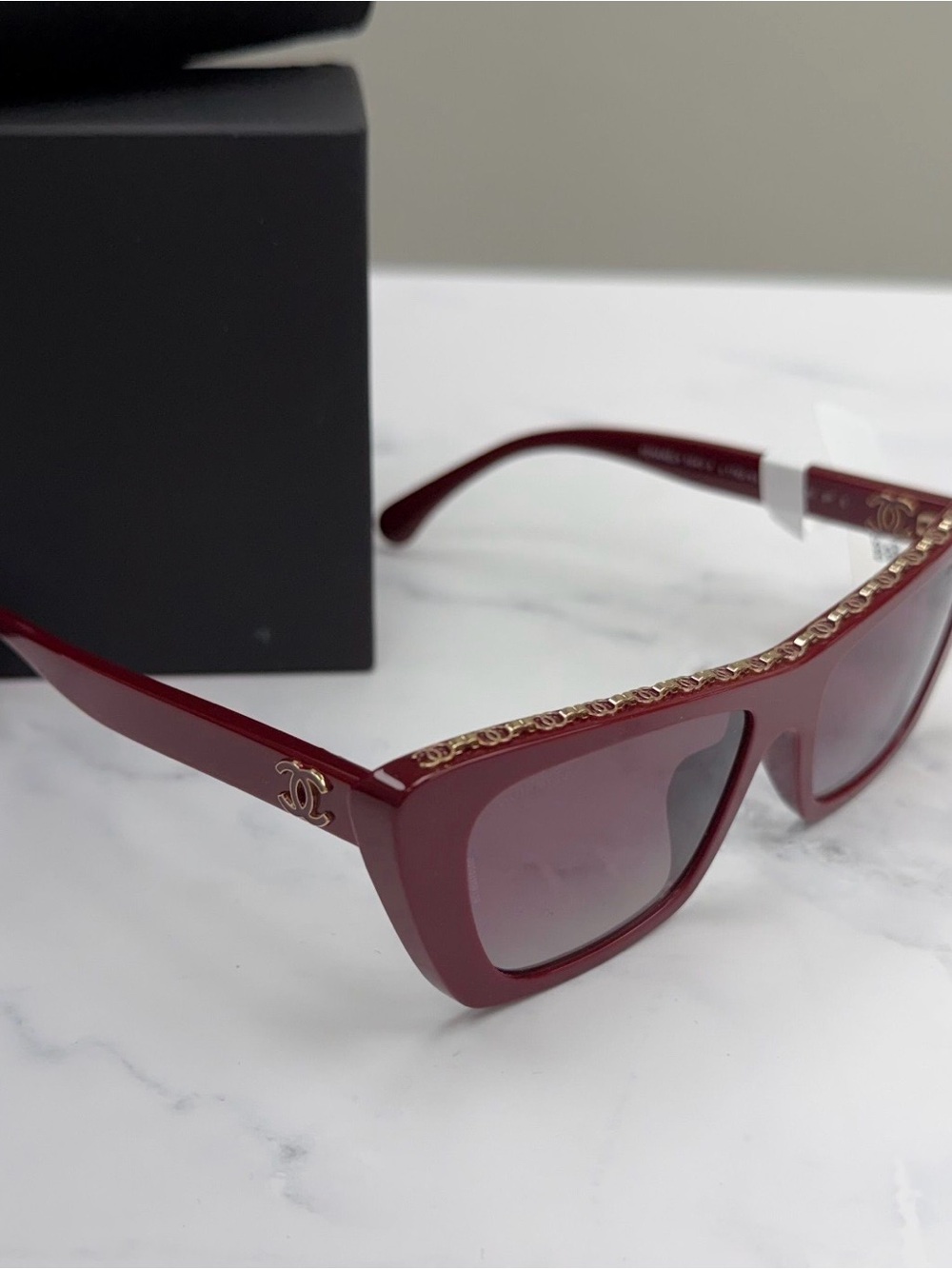 100% Authentic NEW Chanel  Burgundy Chain-Trim Sunglasses box, case, COA